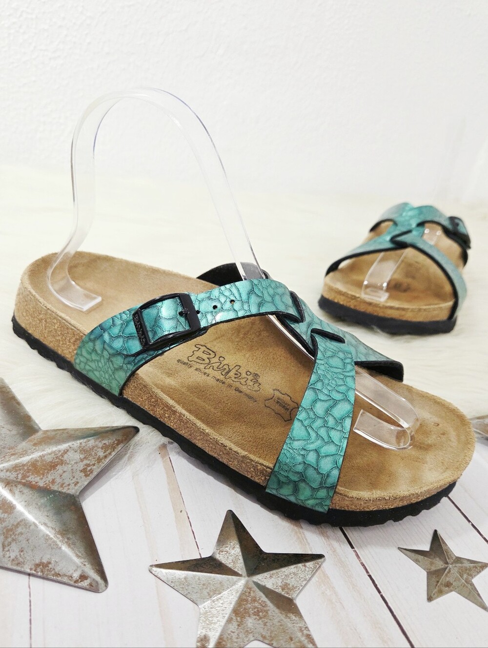 Birki's by Birkenstock Sylt strappy sandal metallic turquoise green croc women 6